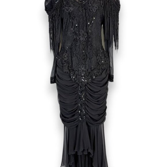 Vintage Black Beaded Fringe Gown Lace Ruched Sequin Cocktail Whimsigoth Dress M - Picture 10 of 17